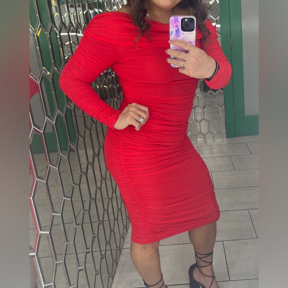 Ruffle Long Sleeve Off Shoulder Ruched Dress